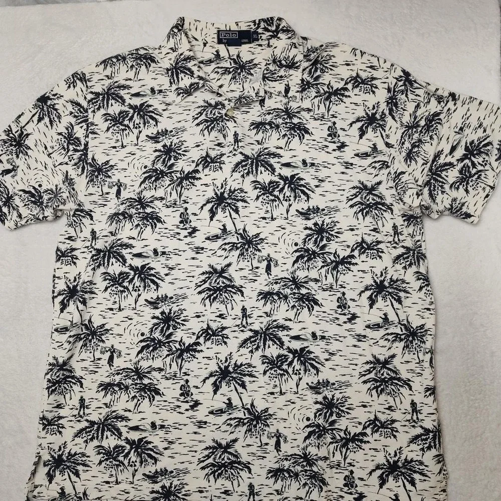 Polo Ralph Lauren Polo Shirt Mens XL White Hawaiian Floral Palm Tree USA Made